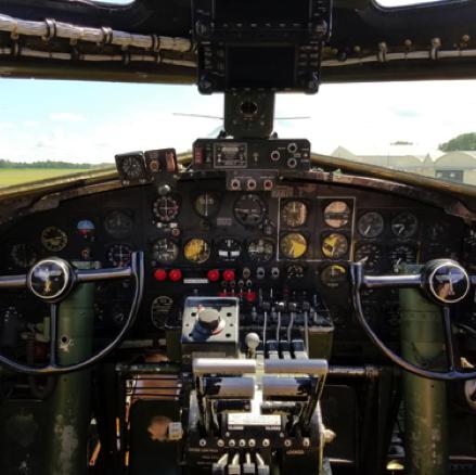 The Boeing B-17G flight deck shares its side-by-side configuration with Boeing’s commercial airliner of the period, the Boeing 247.